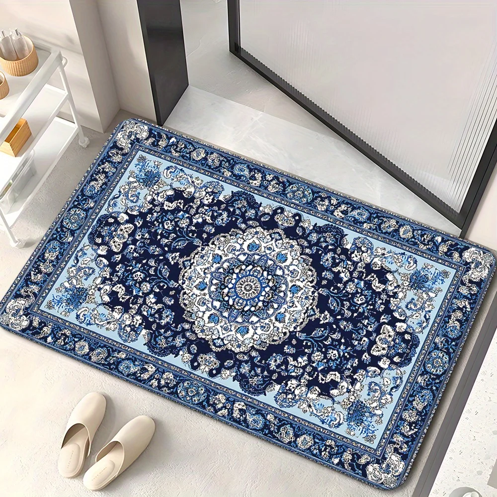 Luxurious Blue and White Oriental Floral Pattern Doormat for Entrance Mat Porch Rug Entryway Washable Bathroom Decoration Home D