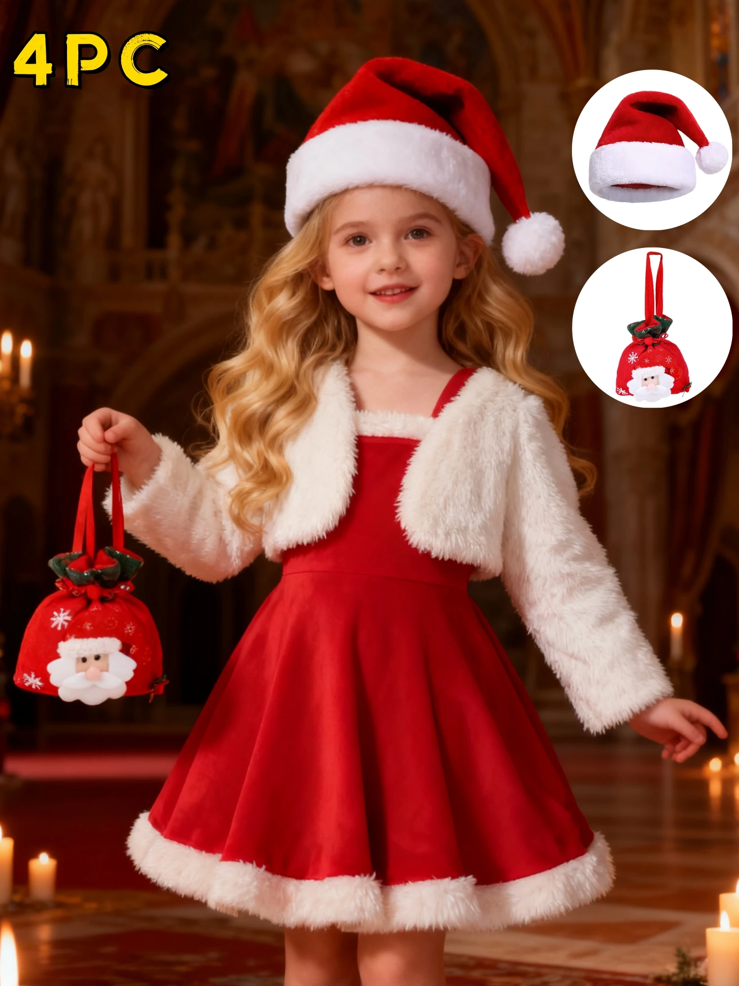 

Рождественское платье для девочек 2025 года, толстая теплая красная юбка на бретелях на осень/зиму + белое пальто, комплект шляпы-мешки, От 3 до 10 лет