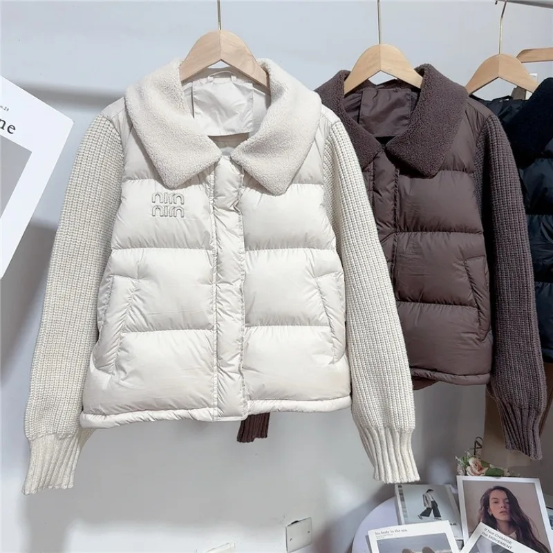 Lambswool Lapel Stitching Knitted Long-sleeved White Duck Down Short Down Jacket for Women 2024 Winter Warm Coat