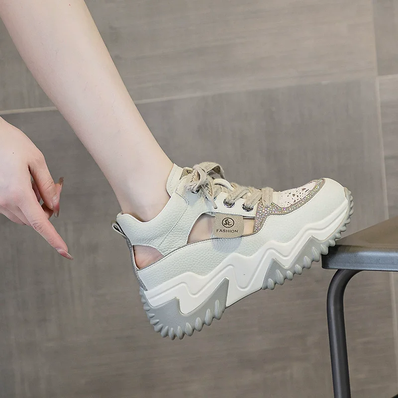 

GKTINOO Genuine Leather Women Platform Sandals Wedges Shoes Hollow Women Summer Height Increasing Sneakers Elegant Ankle Boots