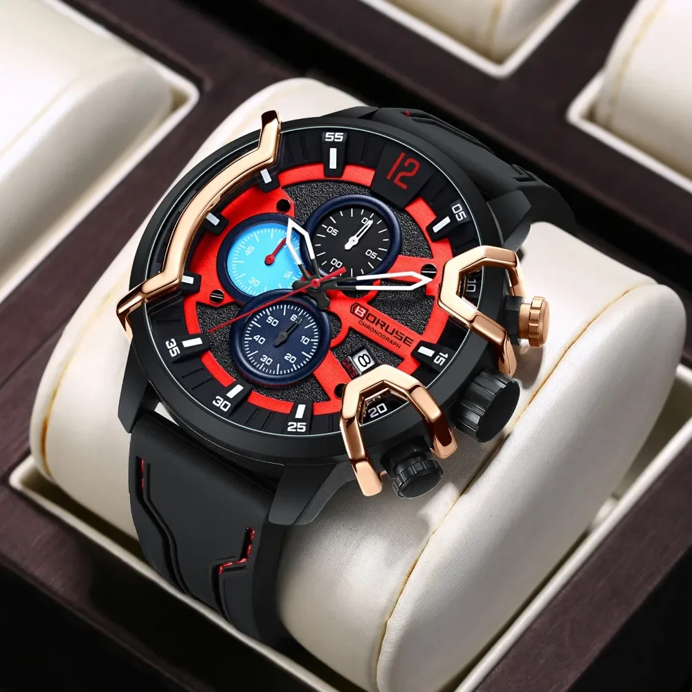 BORUSE 2 Pcs/Set Men's Quartz Watch Bracelet Set Black and Red Silicone Strap Alloy Case Quartz Movement The Ideal Gift for Men