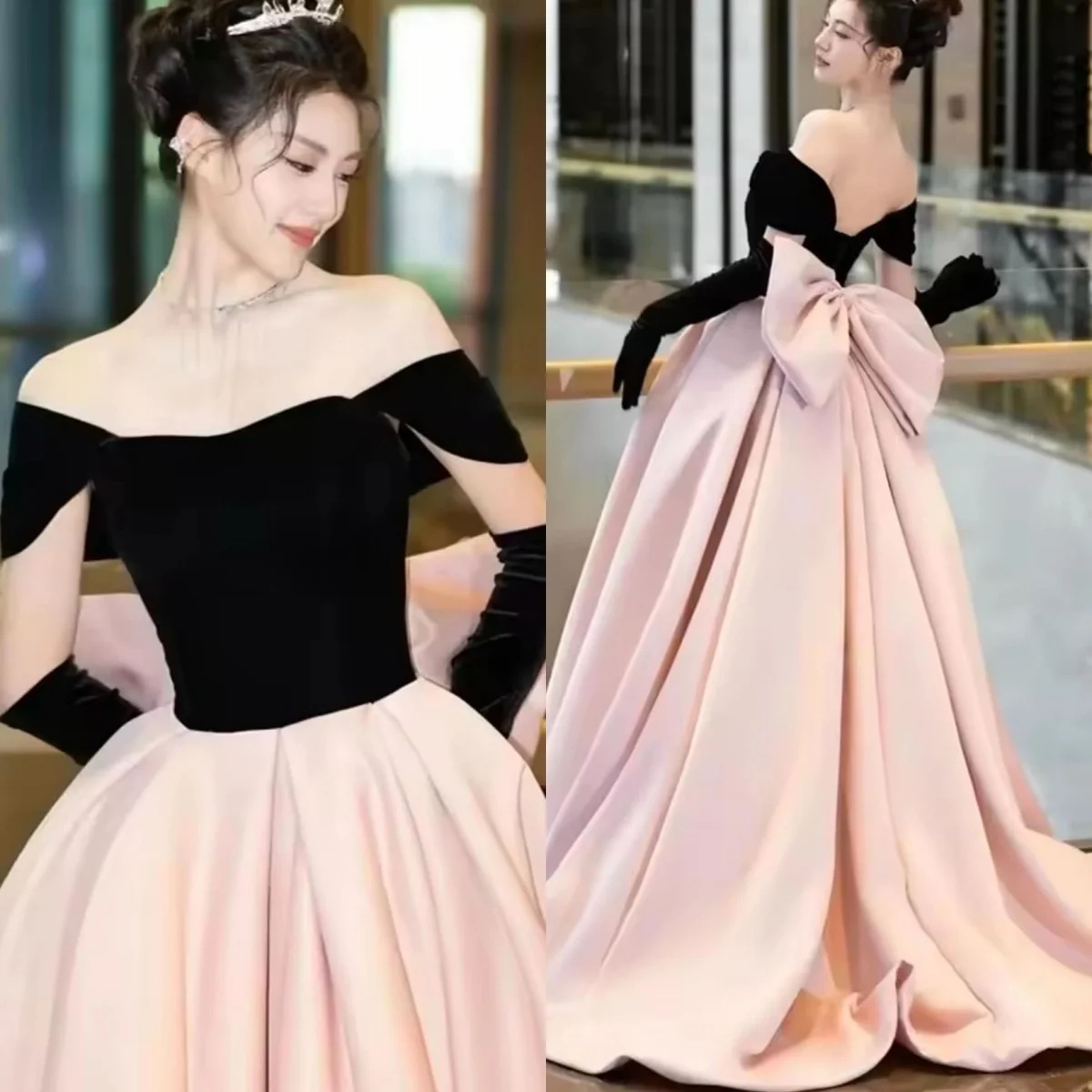 ชุดแต่งงานทรงเอไลน์สีตัดกันหรูหราแบบสั่งตัดพิเศษ แขนสั้นเปิดไหล่ แต่งโบว์ พร้อมชายกระโปรงยาว