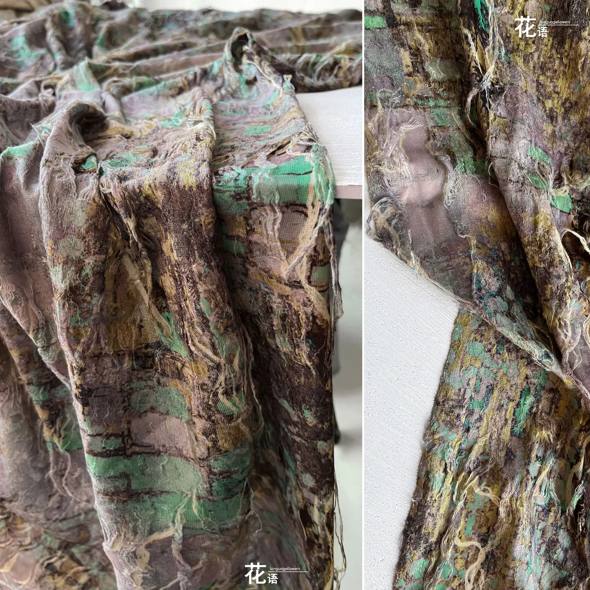 Vintage Mural Print Knit Designer Fabric Washed Distressed Texture with Loose Fringe for Custom Apparel and DIY Accessories