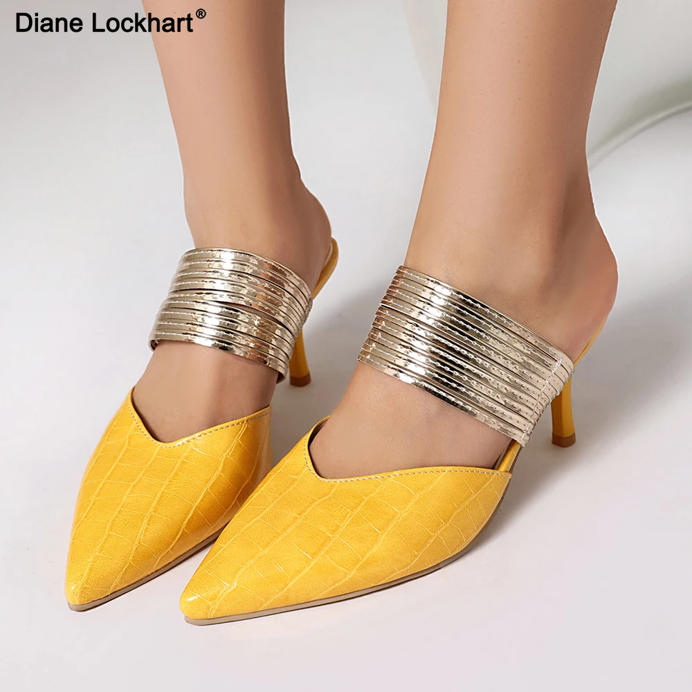 

Лето 2024, женские сандалии, сабо с острым носком, желто-синие туфли-лодочки из искусственной лакированной кожи с туфлями на шпильке, полускользящий носок, полудраг