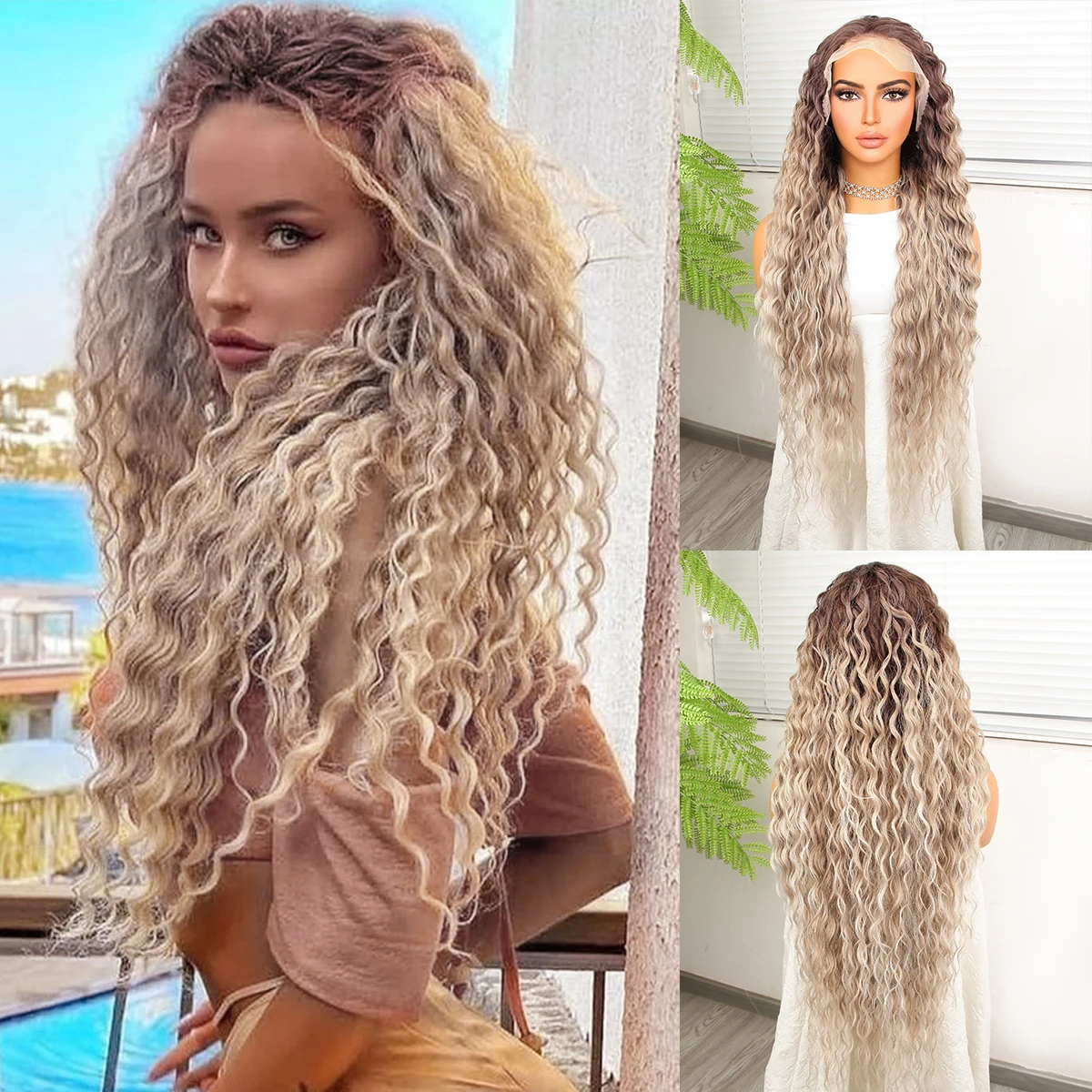 High Quality Perfeet for Any Occasion Fashion 13*4 Lace Front Wigs 180 Density Synthetic Long Curly wig  Ombre Blonde