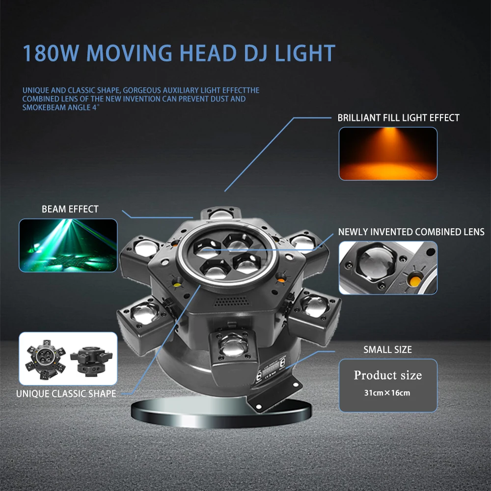 180W 6-Arm Disco Light Remote Control Bee Eye Rotating Mini LED Beam Moving Head DMX512 DJ Stage Effect For Nightclub Party Bar