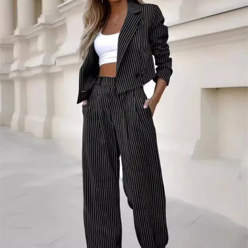 Women\'s Pant Suits Long Sleeve Striped Blazer & Straight Leg Pants Suit 2024 Elegant Fashion Street Ladies Office Work Formal