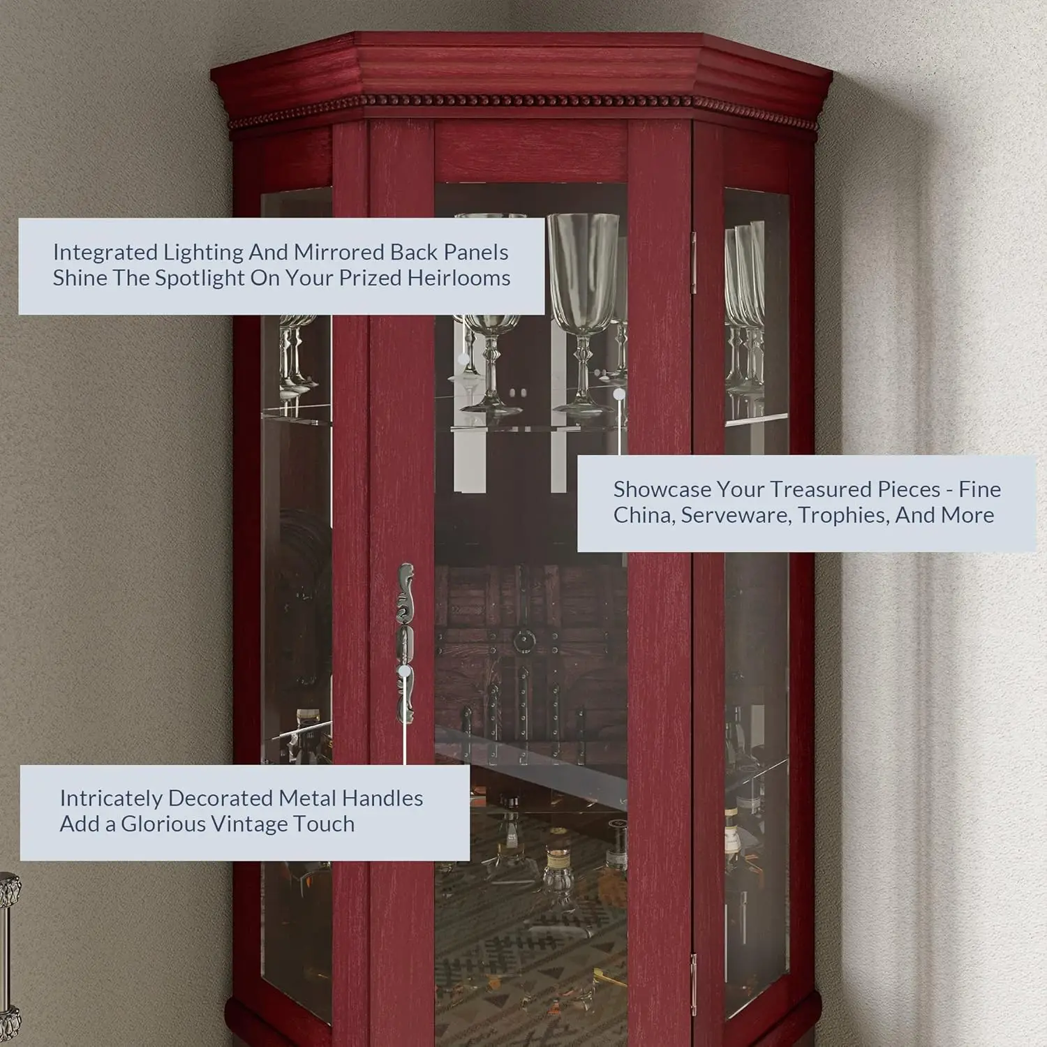 Meuble de présentation d'angle 4.2 en bois, unité à étagères à deux sections avec porte en verre du Guatemala, bar et zone de stockage française ou