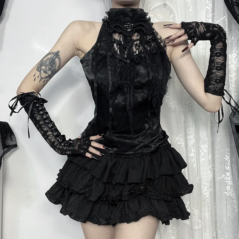 2026 New Women Gothic Halter Lace Corset Top Dark Lolita Y2K Grunge Streetwear Backless Slim Irregular Hem Retro Punk Tank Shirt