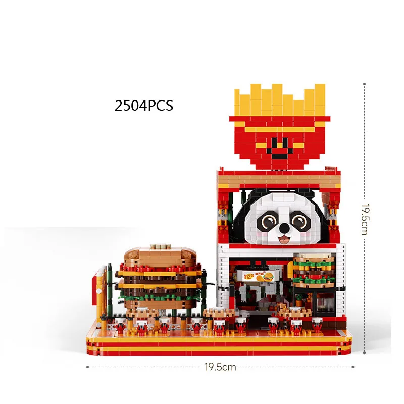 Moc panda hambúrguer gato café blocos de construção conjunto comida rua loja arquitetura brinquedos para crianças aniversário presentes do dia especial