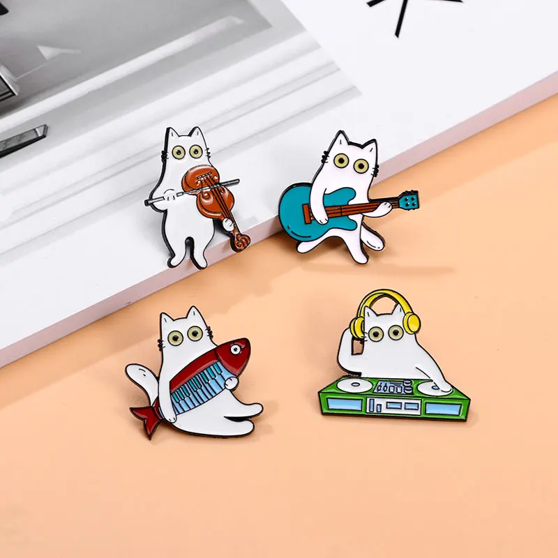 Musical Cat Collection Enamel Brooches Bass Guitar DJ Kitten Pins For Backpack Bag Nice Gift For Per Lovers