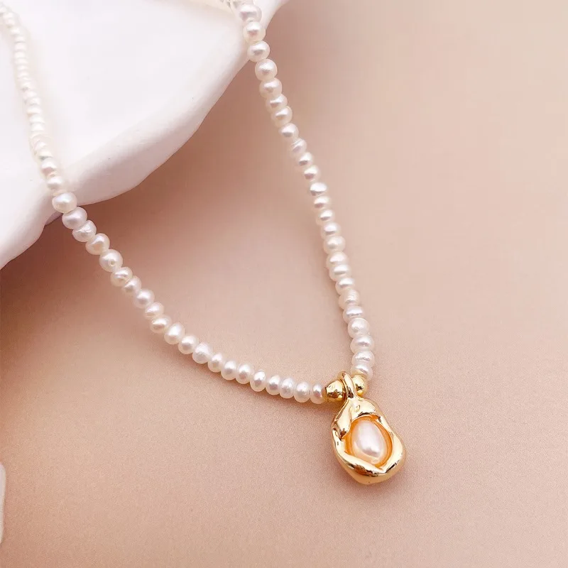 Minar Lovely Nature Freshwater Pearl Metallic Beans Beads Pendant Necklaces for Women 14K Real Gold Silver Plated Copper Chokers