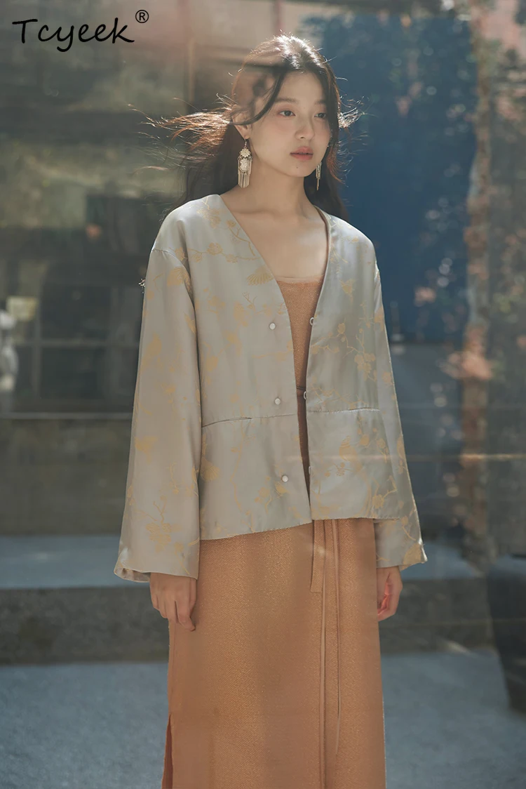 طقم معطف قميص حرير التوت 50% من Tcyeek للنساء، جاكار ساتان بأكمام طويلة، أطقم علوية كلاسيكية أنيقة، ربيع 2024 S41093QM #2