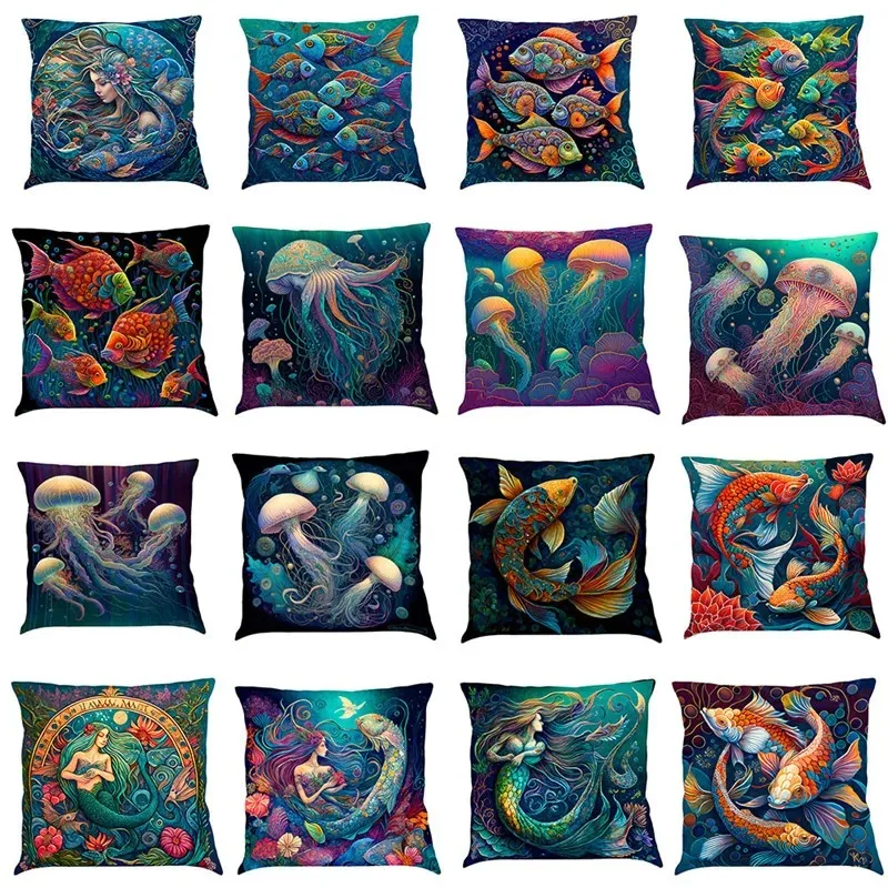 40/45/50/60cm Ocean Series Pillowcase Fish Sea Turtle Whale Printed Cushion Cover Living Room Sofa Throw Pillow Cover Home Decor