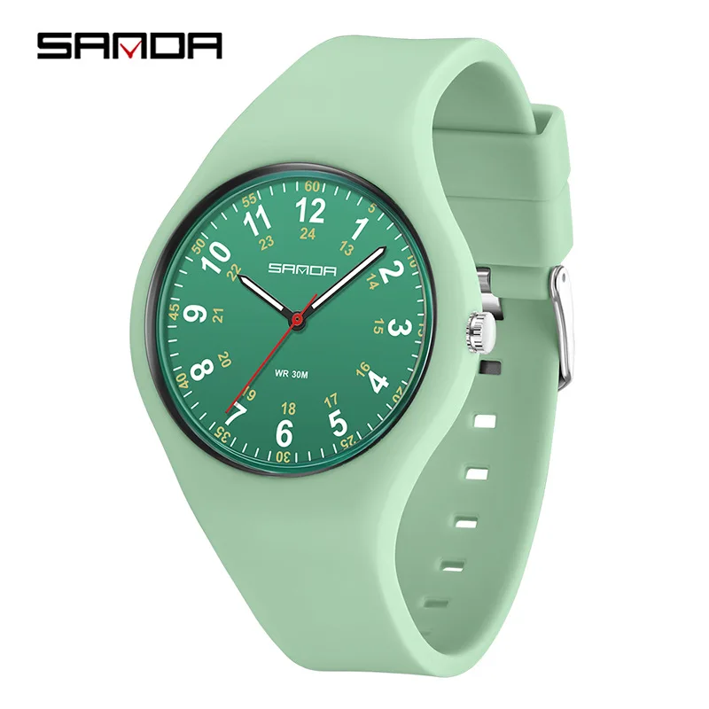 SANDA 3253 Student Quartz Watch Fashion Simple White Green Red Blue Black Silicone Luminous Sport Wristwatch for Gril Clock