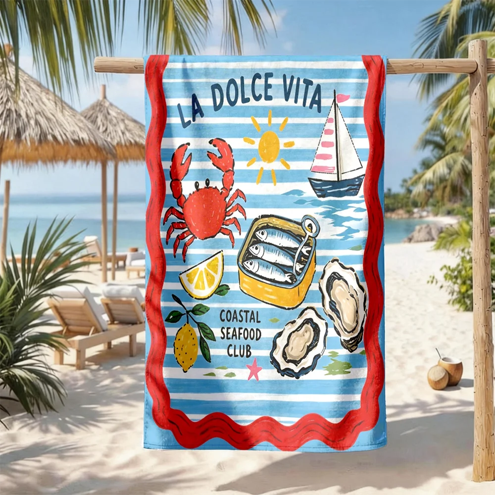1pc Assorted Retro Coastal Beach Towels: La Dolce Vita, Seafood & Summer Vibes Quick Dry Beach Blankets