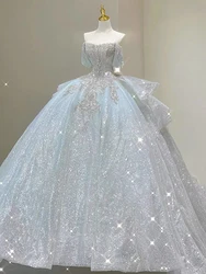 Light Blue Luxury Wedding Dresses Off The Pearl Sleeveless Shiny Beading Sexy Backless Sweep Train Bridal Gowns Boat Neck