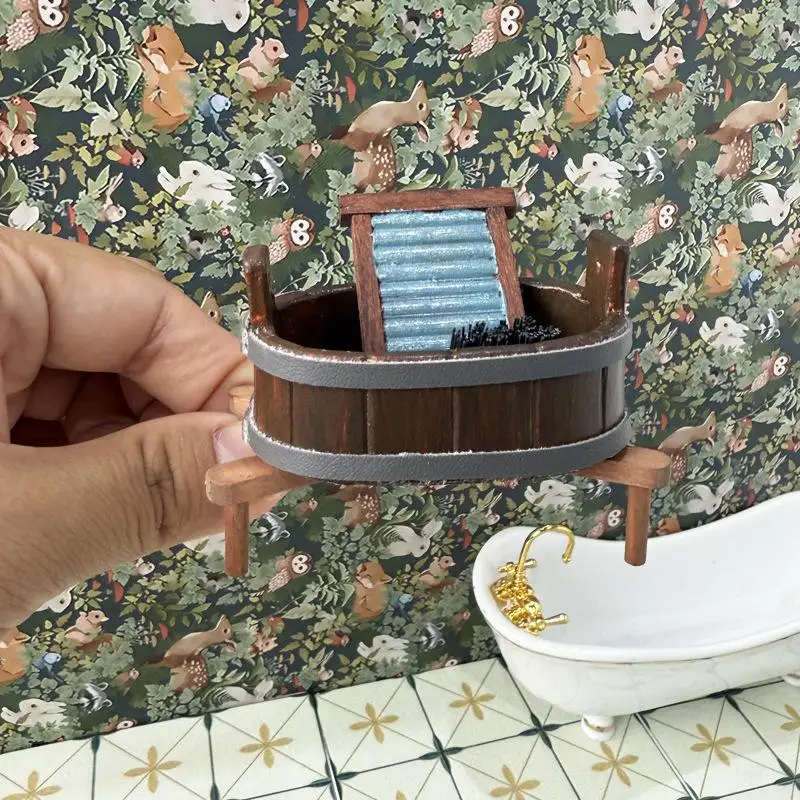 Dollhouse Miniature Wooden Barrel Washboard Brush Three-Piece Set Laundry Scene Micro Landscape Ornaments Pretend Play Toys