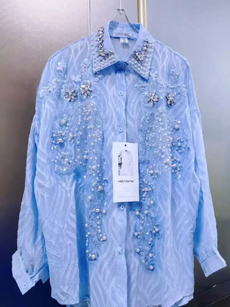 Luxury Pearls Beads Stitch Blue Blouses Shirts For Women 2025 Spring Summer New… - Image 4