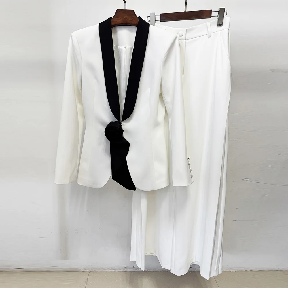 HIGH STREET Newest Fashion 2026 Designer Suit Set Women's Contrasting Color Stereoscopic Flower Blazer Pants Set 2pcs