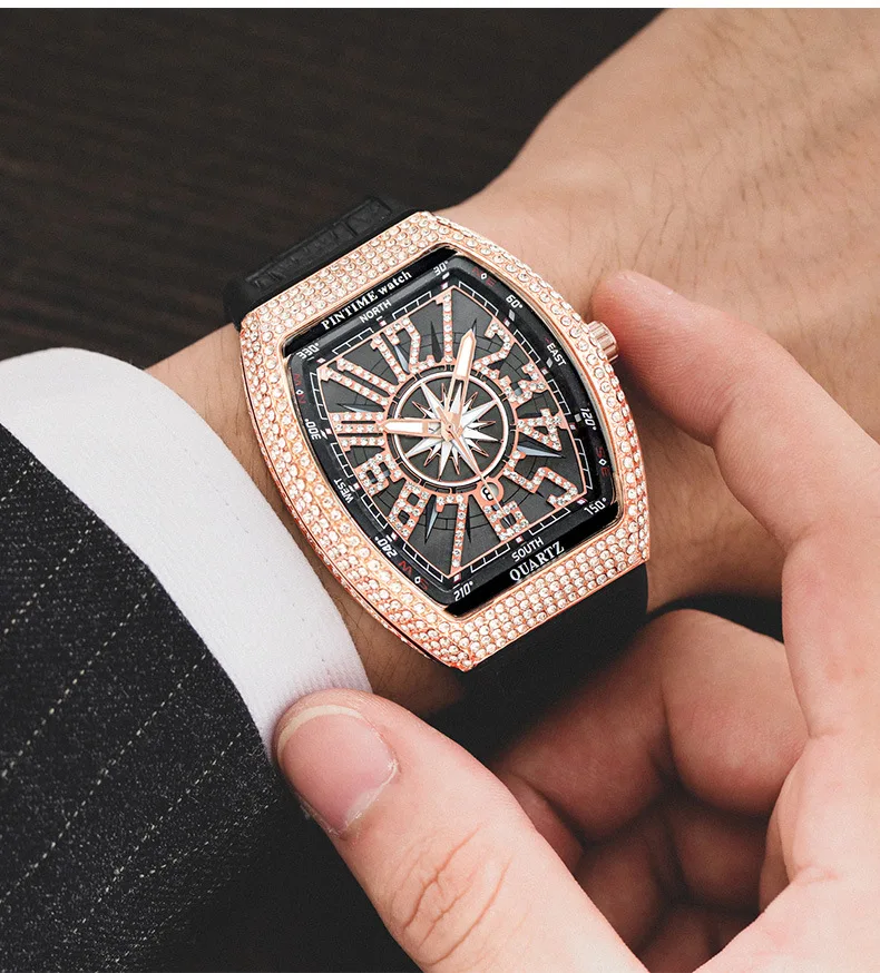 PINTIME Quartz Watch Men Creative Diamond Hip Hop Watches Skeleton Luxury Military Man Wrist Watch zegarek meski montre homme