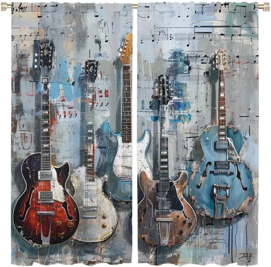 Rustic Instrument Guitar Privacy Blackout Curtains Vintage Mid Century Watercolor Street Graffiti Art Guitar for Living 2Panels