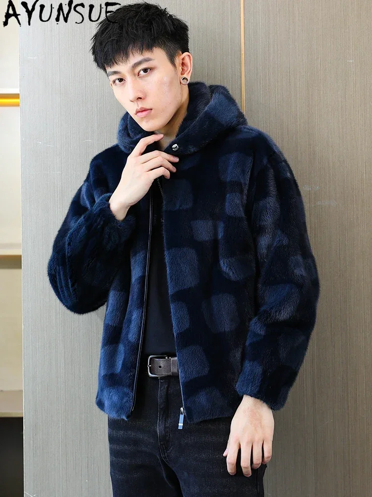 AYUNSUE Mink Real Fur Coat Men Winter Jackets 2025 Mens Fur Jacket Coat Luxury Short Mink Fur Coats Hooded Casaco Masculino SGG