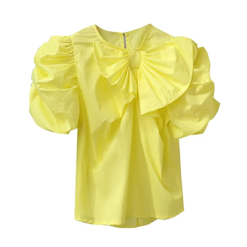 Neploe French Bowknot Round Neck Puff Sleeve Shirts Femme 2024 Summer Chic Blusas Solid Color Wrinkle Sweet Gentle Blouses