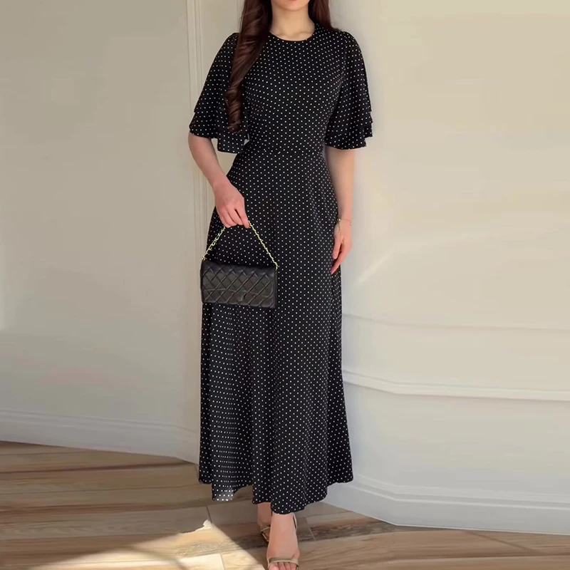 Fashion Polka Dots Print High Waist Long Dress Women's Elegant O Neck Slim A-Line Party Dress Summer Short Sleeve Bohemian Dress view 5