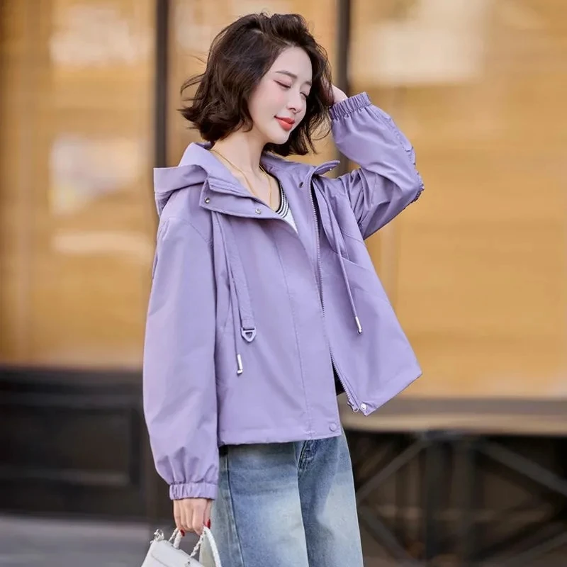 

Фиолетовая ветровка, женское короткое пальто, новинка весны и осени, элитная куртка с капюшоном на молнии, женский повседневный свободный плащ, верхняя одежда
