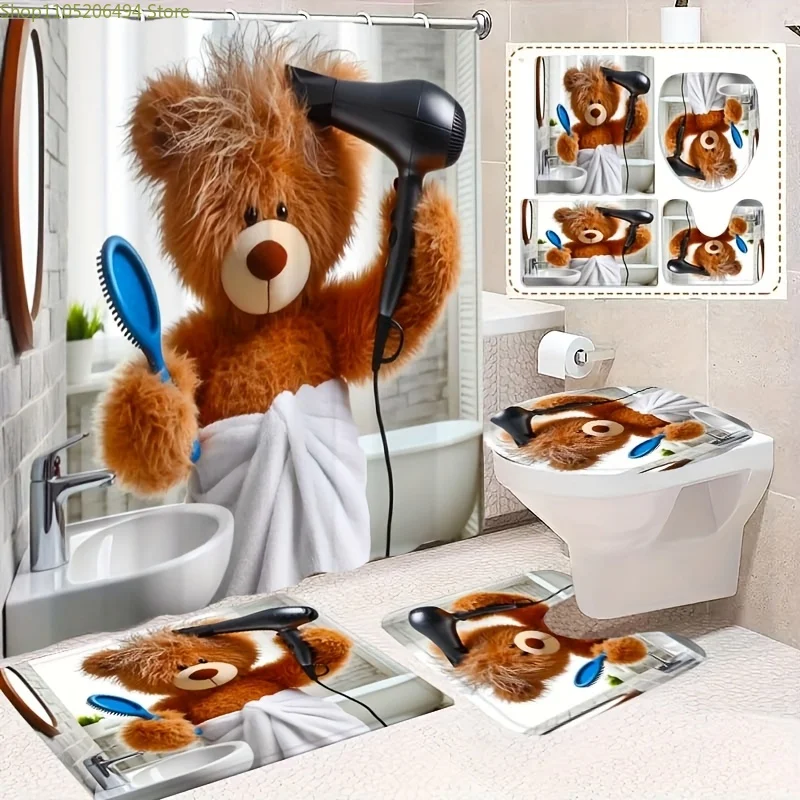 

1/4pcs Stylish Plush Bear Bathroom Blow Dryer Fun Element Shower Curtain Set, Including Non-Slip, Toilet, Bathroom, Opaque Sho