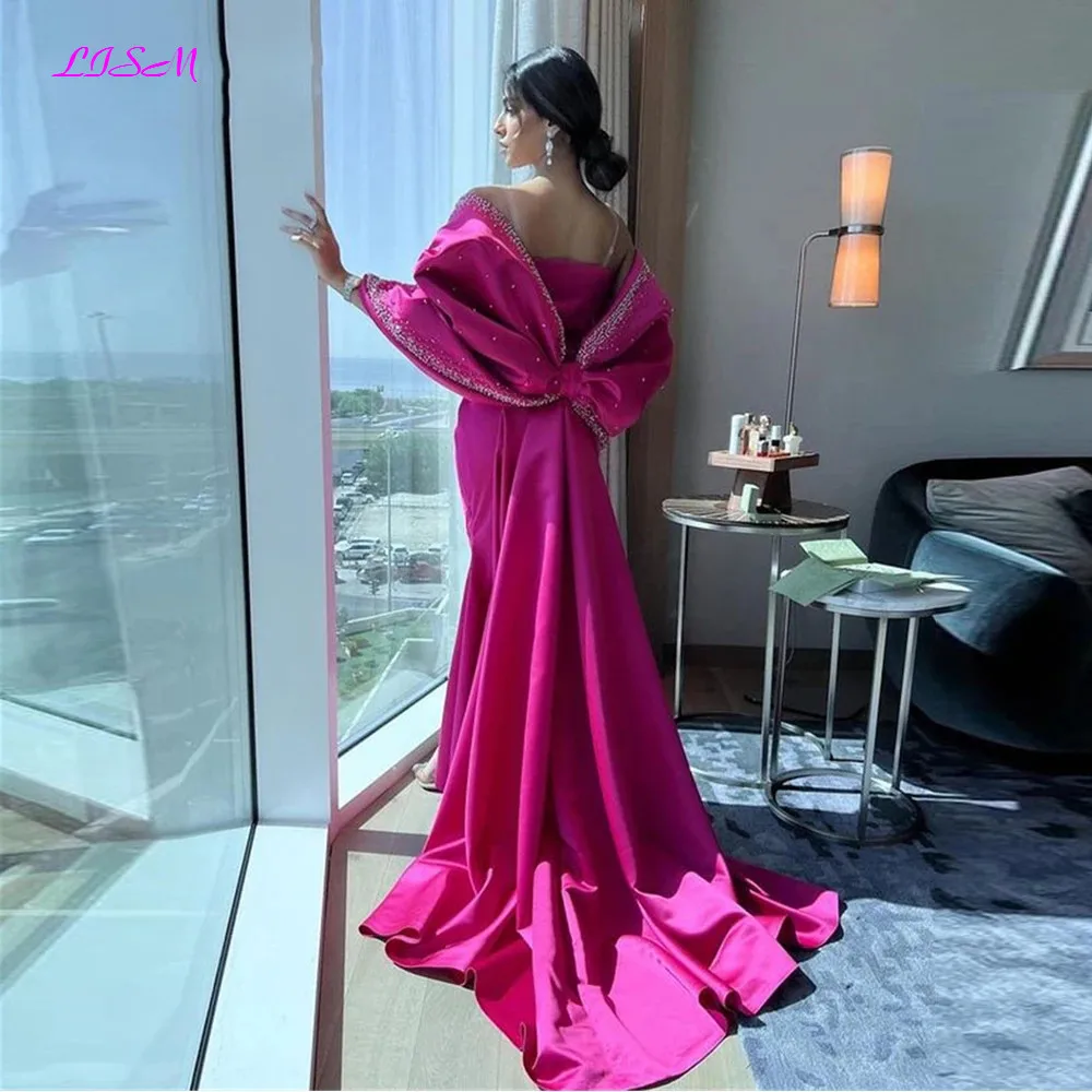 

LISM Saudi Arabia Fuchsia Satin Mermaid Prom Dress Elegant Spaghetti Straps Beaded Long Evening Gowns with Long Jacket Bow Back