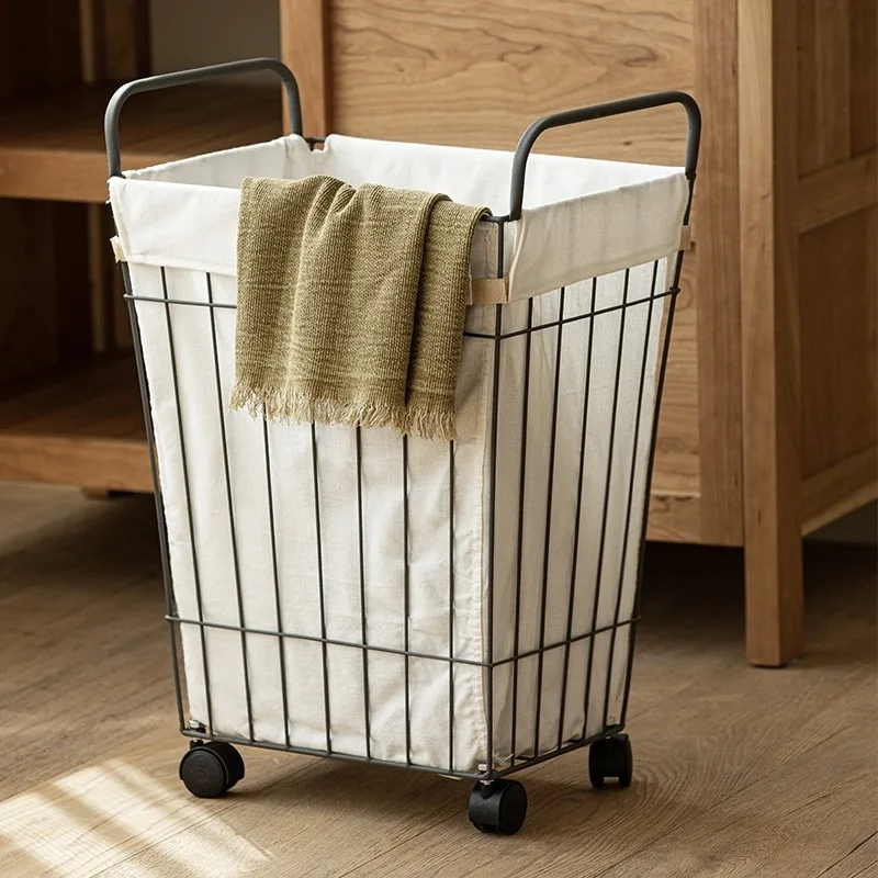 Modern Iron Basket with Removable White Fabric Liner and Wheels