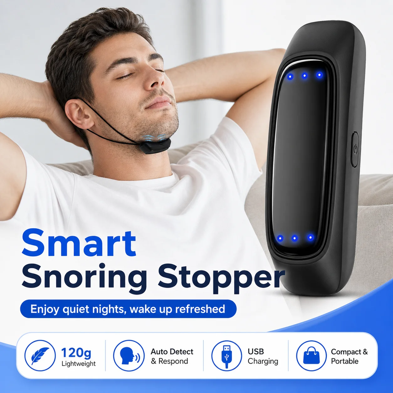 EMS Pulse Stop Snore Portable Comfortable Sleep Well Stop Snore Health Care Sleep Apnea Aid USB Smart Anti Snoring Device