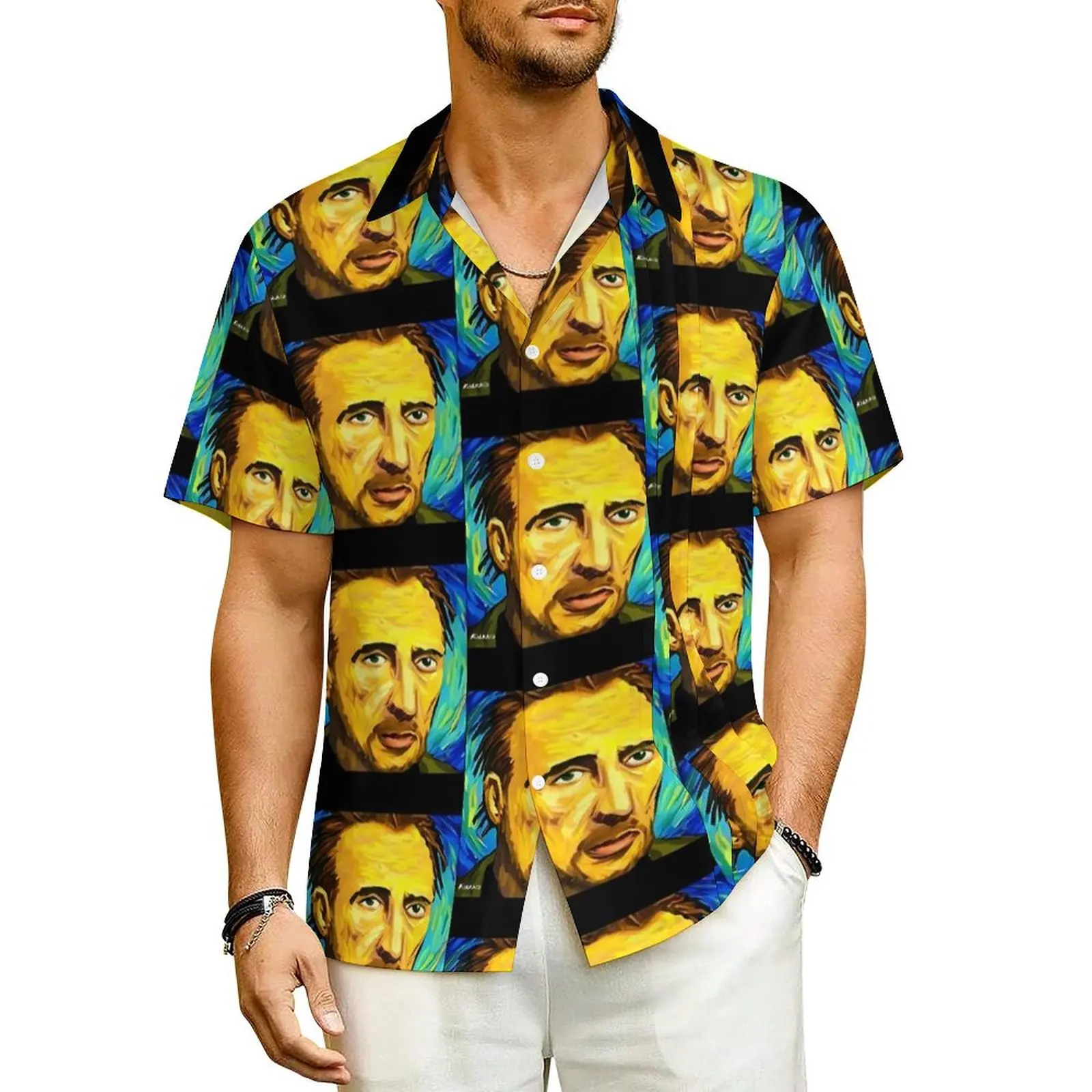 

Hawaiian Shirt Vacation Nicolas Cage Portait Blouses Van Gogh Style Retro Casual Shirts Men Short Sleeve Streetwear Oversize Top