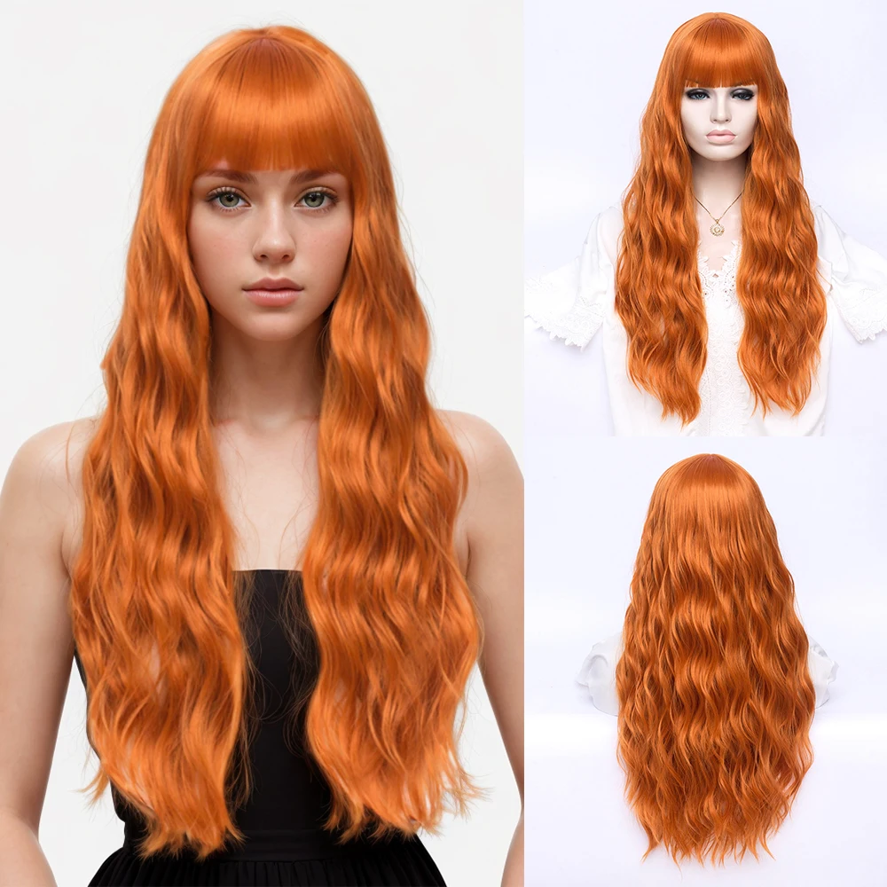 

Synthetic Long Water Wave Orange Wig with Bangs for Women Daily Wear Cospaly Lolita Party Realistic Fake Hair Heat Resistant