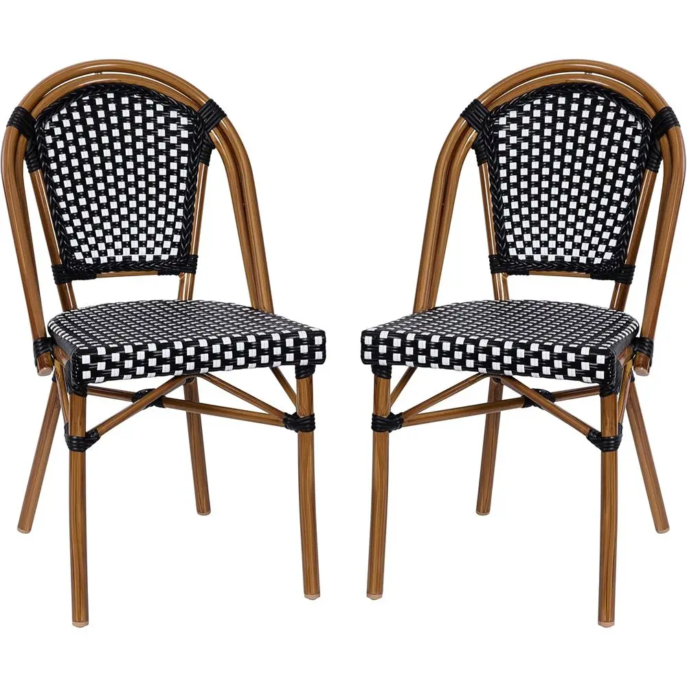 

Set of 2 Indoor/Outdoor Commercial Bistro Stack Chairs - Black/White PE Rattan Back and Seat - Natural Bamboo Print Aluminum Fra