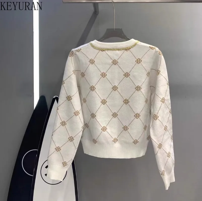 Diamonds Chain Argyle Knitted Cardigan Sweater Coat Women 2024 Autumn Winter Vintage Elegant Long Sleeve Outerwear Knitwear Tops