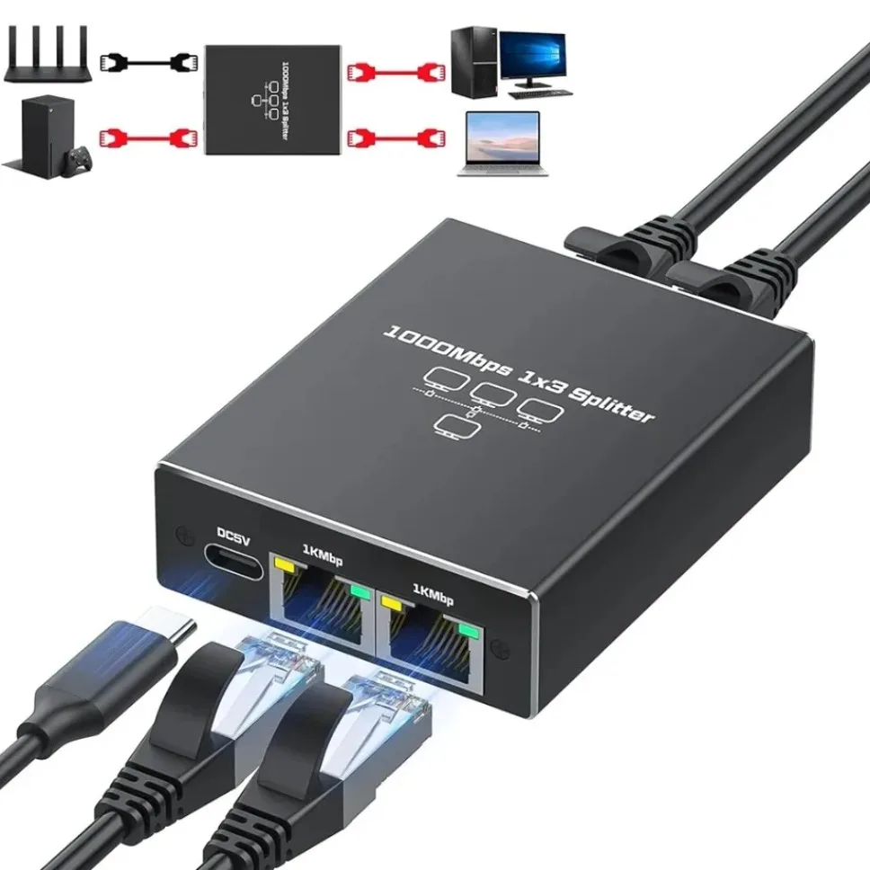 Splitter Gigabit 1000Mbps RJ45 1 ke 3 Adaptor Ethernet Konektor LAN Pembagi Jaringan untuk PC Laptop TV Box Router TV Digital