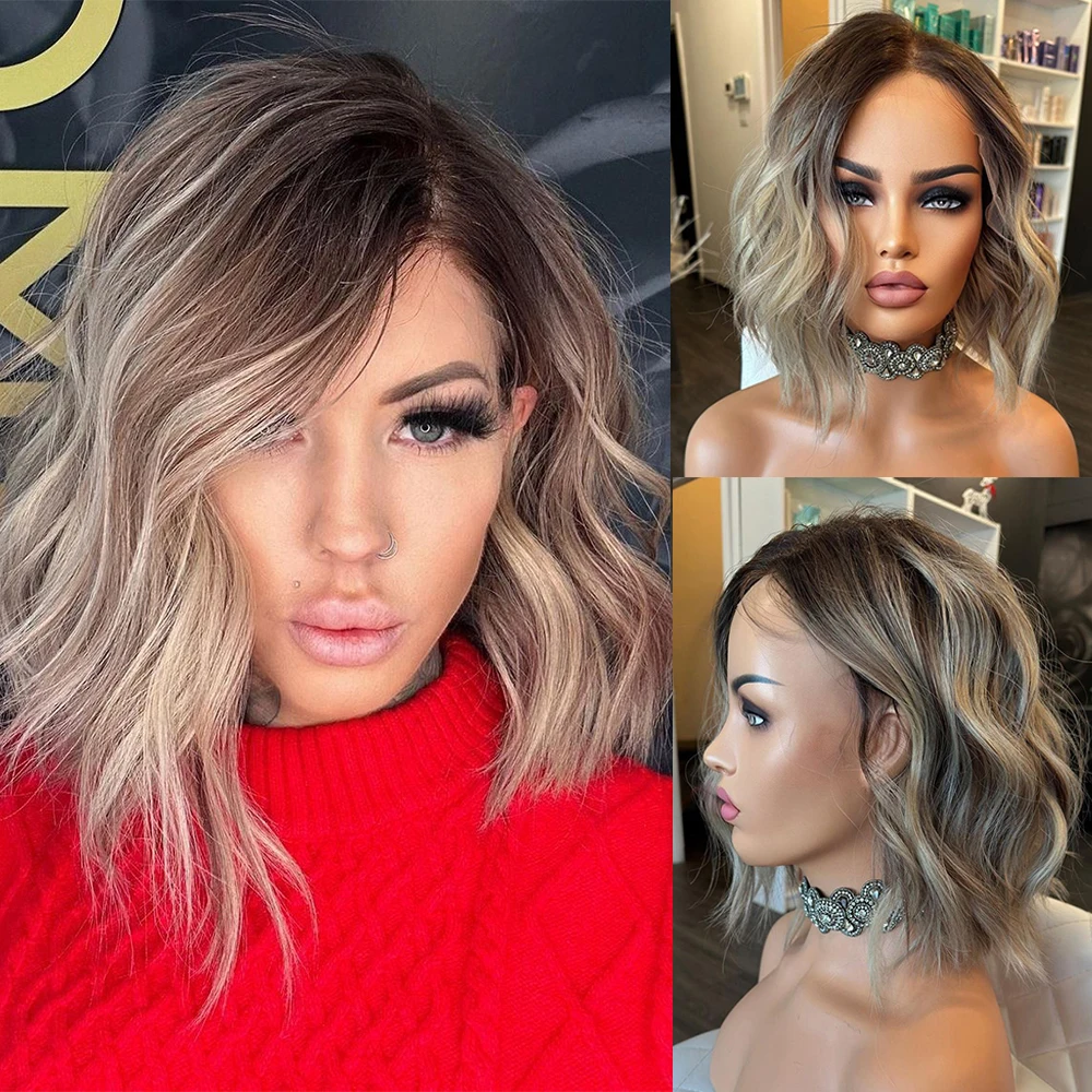 Günstige Lose Wellenförmige Spitze Vorne Perücke Asche Braun Blonde Highlight Menschliches Haar Bob Perücke 13x4 Spitze Frontal Perücke ombre Dunkle