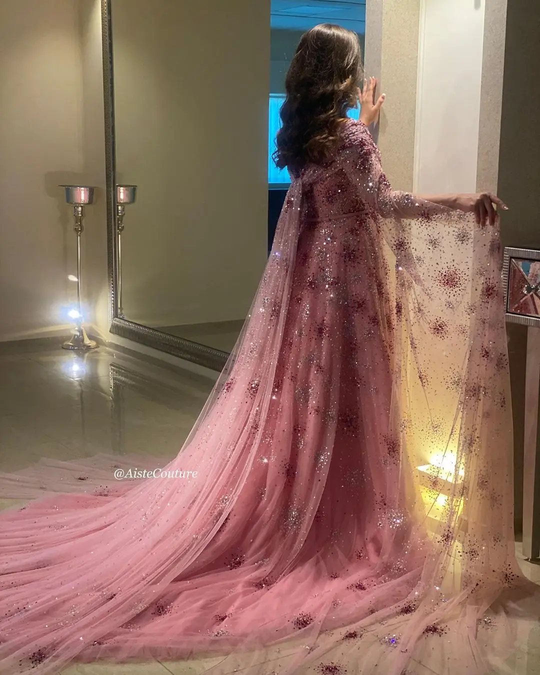 BABYONLINE Customized Glitter Sparkling Firework Inspired Dubai Arabic Evening Dress with Cape Tulle Party Dress فساتين السهرة