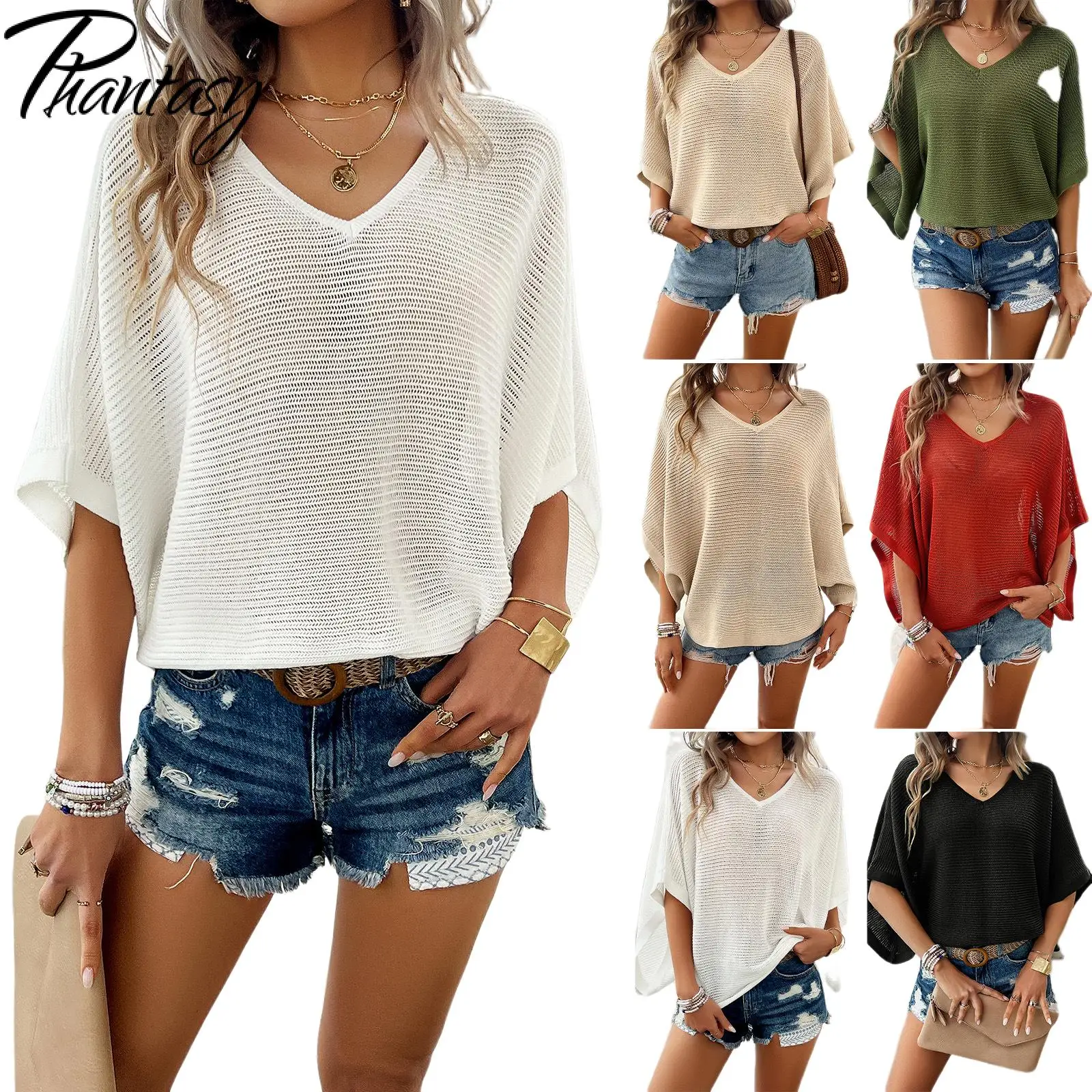 

Phantasy Loose Solid Knitted T-Shirt Women V-Neck Dolman Sleeve Tops Office Lady Fashion Casual Tees Spring Summer Dress Up