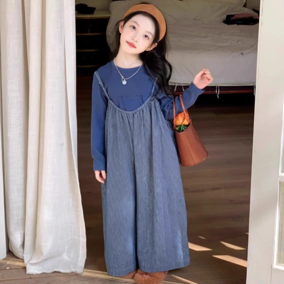 2026 Autumn Winter New Japan Korea Style Girls 2-Piece Set Stretch Long Sleeve Undershirt + Strap Jumpsuit Casual Kids Outfit