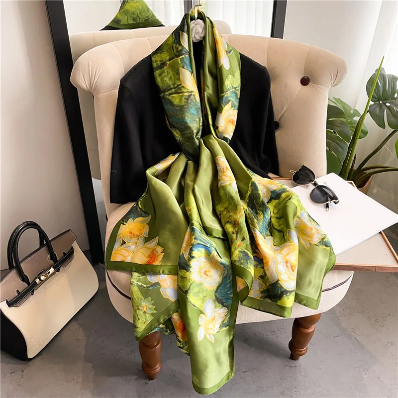 New Luxury Silk Scarf Women Spring Autumn Printing Elegance Scarves Vintage Wrap Bandanna Foulard Muffler Travel Sunscreen Shawl