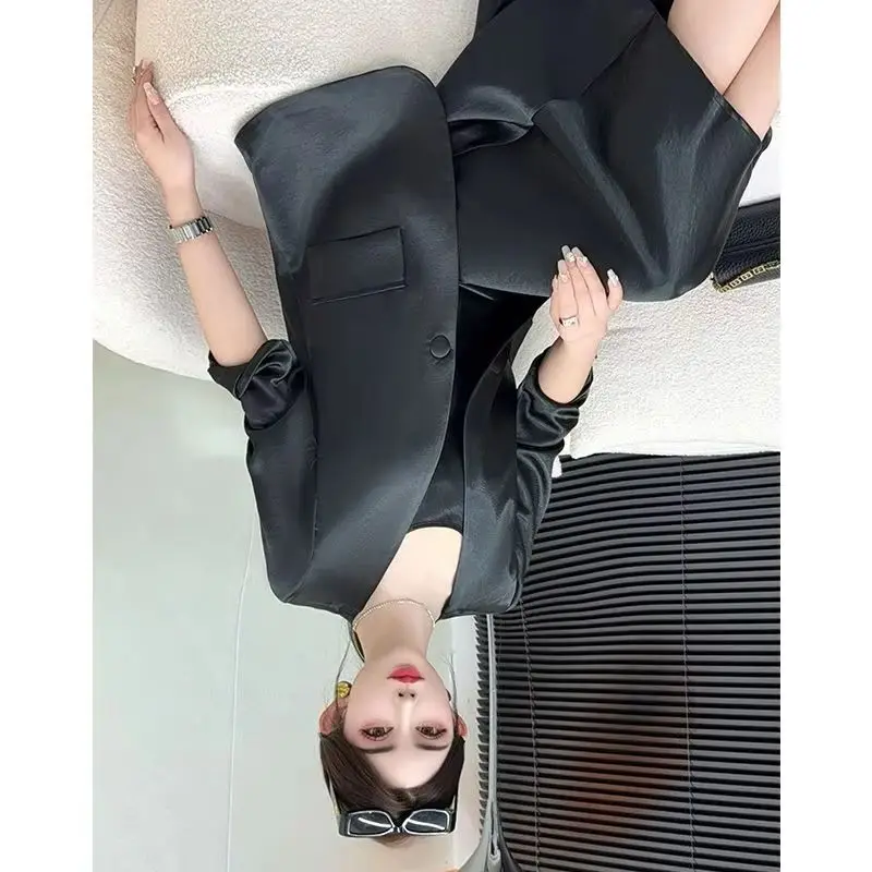 Summer New Gilt Satin Material Slim V-neck Casual Style Suit Internet Celebrity Fashion Small Suit Light Luxury Versatile Simple