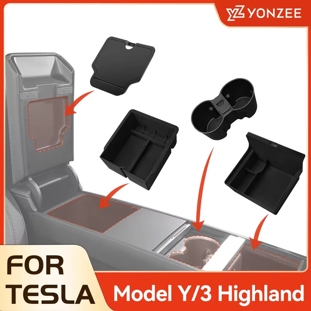 For Tesla Model 3 Highland 2024 Model Y 2021-2024 Center Armrest Hidden Storage Box Cup Holder Console Organizer Box Accessories