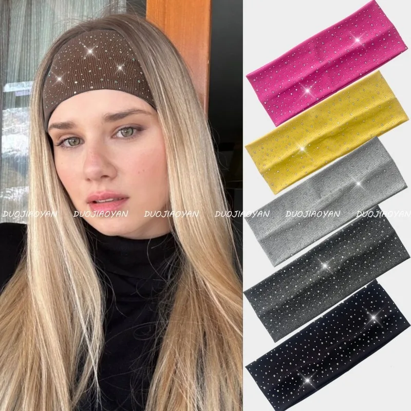 

Starry Rhinestone Solid Pit Striped Elastic Wide Headband Yoga Sports Breathable Sweat Absorbent Daily Hair Accessory for Women