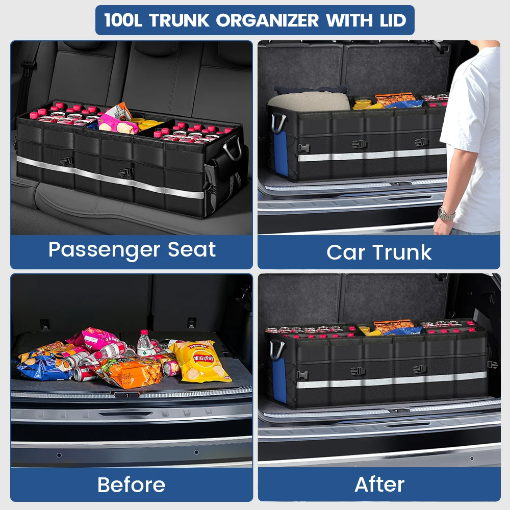 WINHUNT, กล่องเก็บของในรถยนต์แบบพับได้หลายช่องพร้อมหูหิ้วอะลูมิเนียม เหมาะสำหรับรถยนต์, รถ SUV, ฯลฯ, ความจุ 100 ลิตร