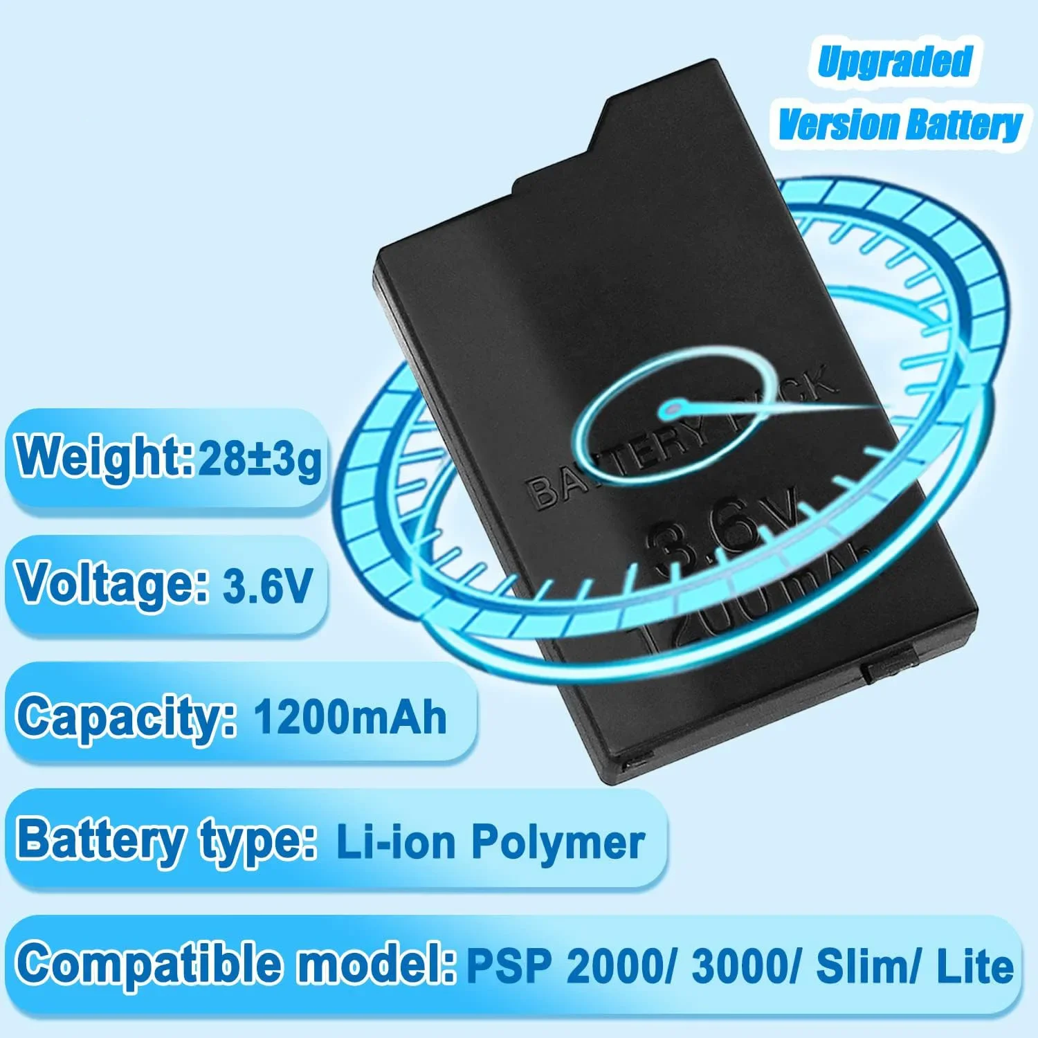 بطارية لايت، PSP 2، PSP-2000، PSP-3000، PSP-3001، PSP-3004، PSP-3008، Silm PN: PSP-S110 1200 مللي أمبير / 4.44 وات في الساعة