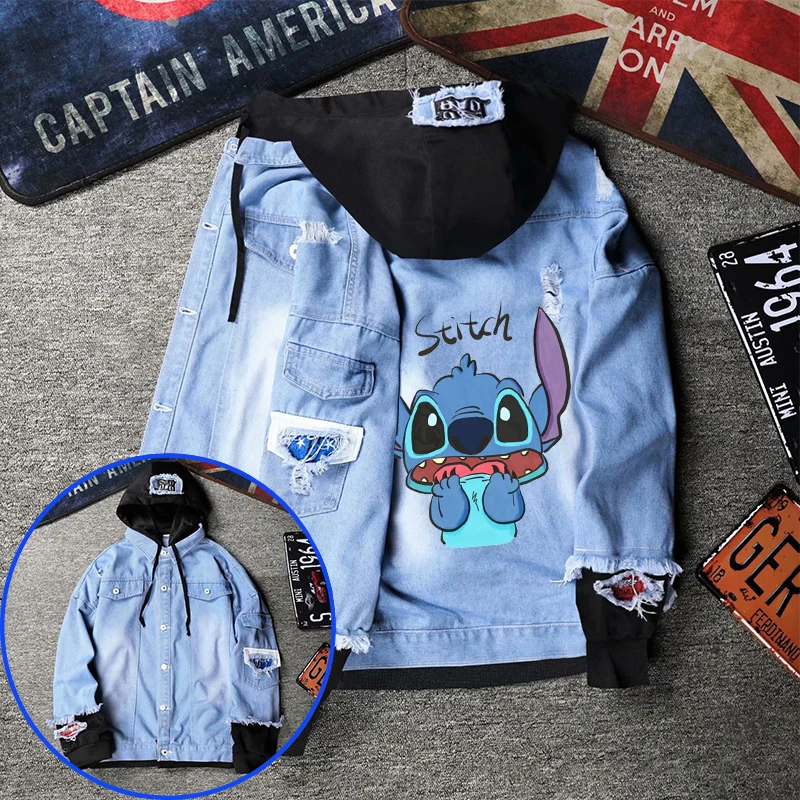 Disney Stitch Unisex Fake Two Denim Jackets for Men Women Drawstring Hoodie Jacket Female Retro Jean Coat Anime Hooded Jacket